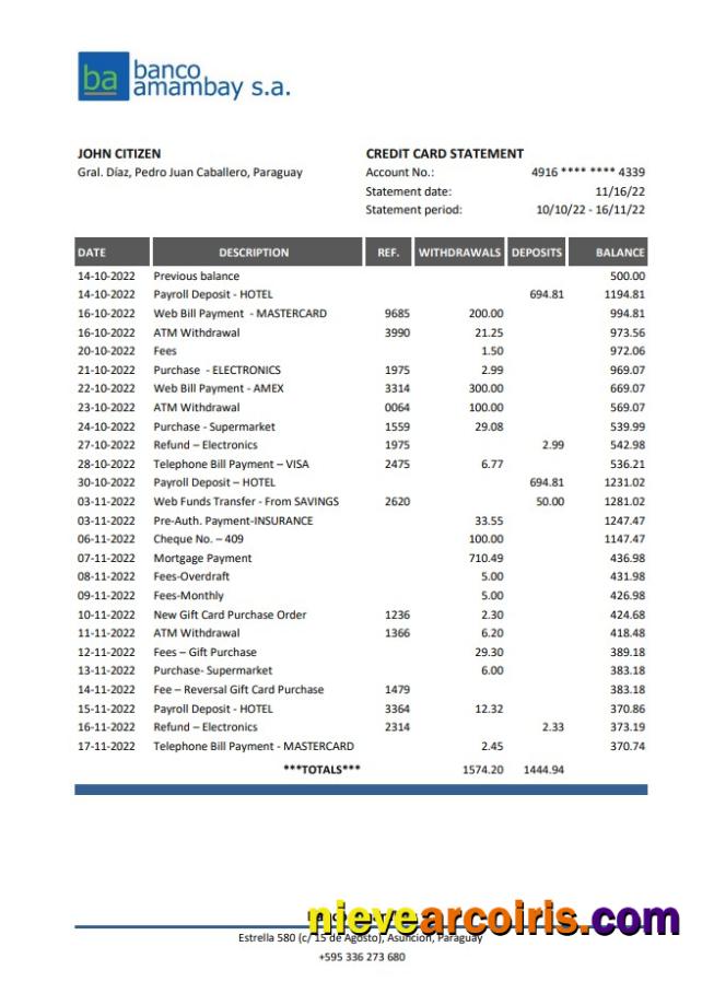 Paraguay Banco Amambay bank statement XLS